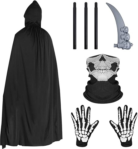 Cape de sorcière noire à capuche pour Halloween, cape de vampire, accessoires de cosplay avec masque tête de mort, gants pour bal masqué, décoration d'Halloween, cosplay, fête de famille