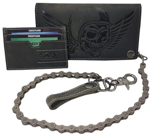 mylädershop Äkta buffel-äkta läder liggande format, bikerbörs/plånbok/plånbok/plånbok med metallkedja och dödskalle-motiv med avtagbart kortfodral med RFID & NFC-skydd, Vintage grå, Einheitsgröße,