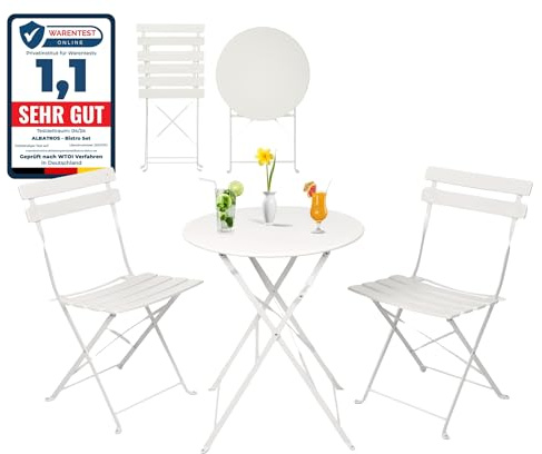 Albatros - Set da bistrò 3 pezzi, colore: bianco, tavolo e sedie pieghevoli in metallo resistente, ideale per balcone o giardino