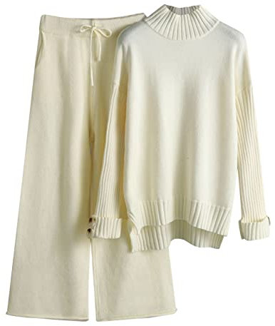 Hosenanzug für Damen und Mädchen 2024, modisches Strickset für Damen Herbst und Winter, Strickanzug, hoher Kragen, Pullover, lange Hose, lockere zwei Sets, beige, One size