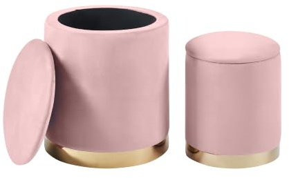 Set Di 2 Pouf Contenitore In Velluto Design Moderno Poggiapiedi,Sgabello Tondo con Coperchio Rimovibile e Seduta Imbottita Alta Densità Con Fascia In Metallo Capiente Storage Box - Rosa Antico