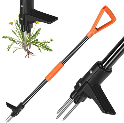 SHANTRA Herramienta extractora de malezas, herramienta de extracción de malezas de pie de 3 garras con mango largo, extractor de malezas de jardín, herramienta de deshierbe de pie resistente,