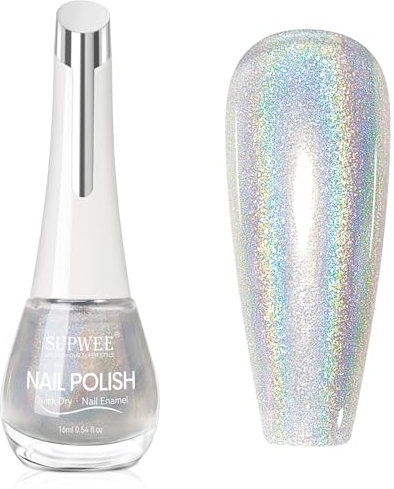 SUPWEE Glitzer Nagellack, Silber Holographische Langlebige Nagellack Regenbogen Laser Glänzender Spiegel Glitter Nail Polish für DIY Nail Art Maniküre 16ML