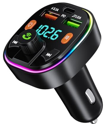 GlasFlength FM Transmitter Auto Bluetooth, Auto Radio Adapter Autoladegerät mit Freisprecheinrichtung PD 20W & Typ-C QC 3.0 Bass & Hi-Fi Stereo Schnellladung mit Blauem Umgebungslicht