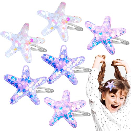 AOZUO 6 Stück Stern Haarspangen,Haarspangen Kinder Glitzernde Haarspangen Mit Glitzernden Seestern Haarnadeln Motiv Glitzernde für Den Strand Frauen Mädchen Kopfbedeckungen Ohrringe Kette Styling