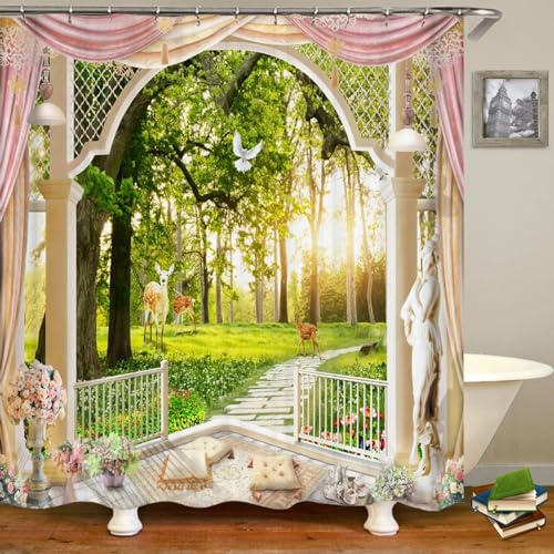 Exquisita cortina de ducha de poliéster impermeable con diseño de flores en 3D de jardín rural europeo, lavable, 182 x 182 cm, hermosa adición a la decoración del baño.
