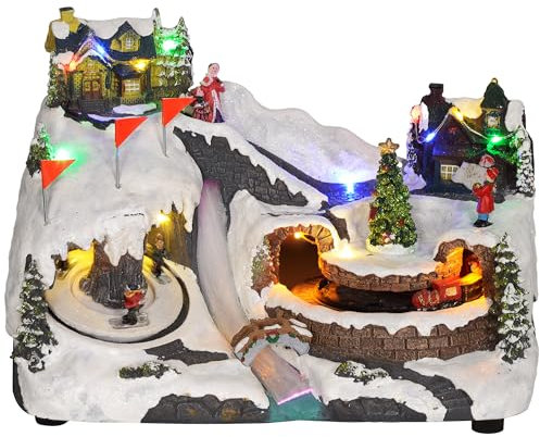 HOMCOM Weihnachtsdorf Weihnachtsstadt mit LED-Leuchtung, Musik, Häuser, Eisläufer, rotierende Eisläufer und beweglicher Zug, Winterlandschaft für Weihnachten, Mehrfarbig
