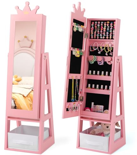 DREAMADE 3-in-1Kinderspiegel mit Schmuckschrank & Stoffbox & Ablage, freistehender Kinder-Kosmetikspiegel aus Holz für Kinder ab 3 Jahren (undrehbar, Rosa)