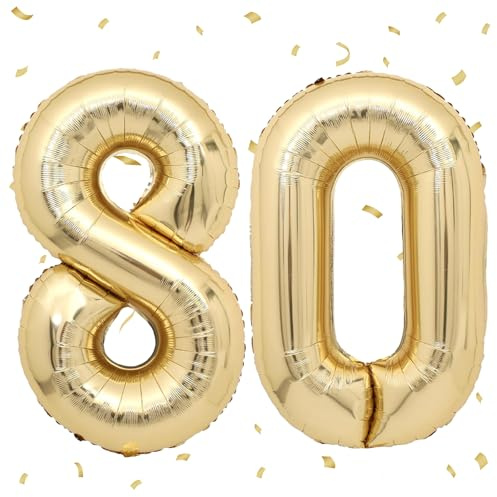Folieballonger 80 ljusgul, 101 cm, nummer 80, guld, stora ballonger, siffra 80, dekoration 80 år, för damer och herrar, födelsedag, fest, dekoration
