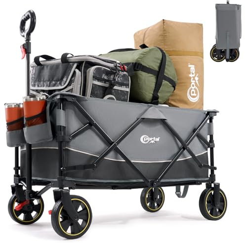 Portal Carrello pieghevole XXL grande superficie di carico 120 kg, portata carrello a mano con porta bevande, tasca laterale, carrello pieghevole da spiaggia, carrello pieghevole per giardino