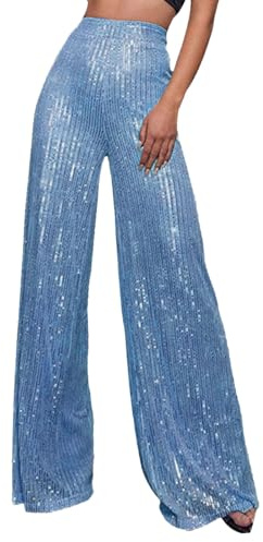 Pailletten Hose Damen Glitzer Metallic Hose 80er Glänzende Großbein High Waist Mode Rave 70er 80er (02-Blue, M)