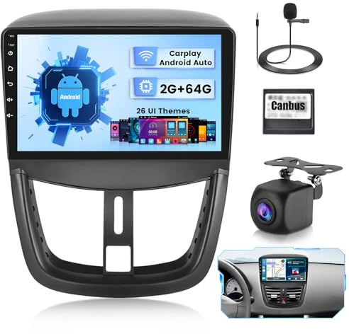 Hikity 2G+64G Autoradio Android 15 per Peugeot 207 2006-2015 | con 9 Pollici Toucshcreen, Stereo 2 DIN con Wireless Carplay Android Auto Radio FM/RDS BT GPS WiFi + Retrocamera + MIC