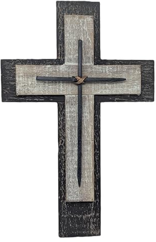 Rustic Layered Wood Wall Cross with Metal Nails – Farmhouse Christian Decor for Home, Living Room, Bedroom, Office – Religious Wall Art, Distressed Wooden Cross with Keyhole for Easy Hanging, 15.75” x 10.25”