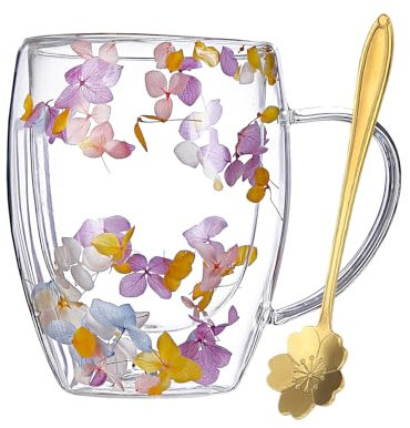 Tazze da Caffè in Vetro a Doppia Parete con Fiori Secchi CHUNLINLAODA-350ml Tazza da Caffè in Vetro con Fiori Secchi Tazze da Caffè a Doppia Parete con Fiori Secchi per Bevande Calde (Rosa Viola)