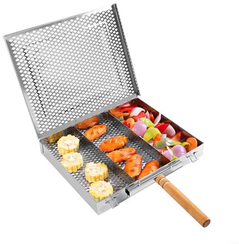 Bandeja rectangular de acero inoxidable para barbacoa con mango de madera, parrilla de camping al aire libre para verduras, carne de pescado (A)