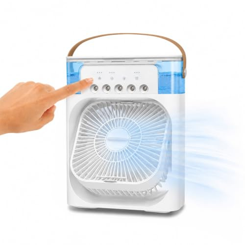 Avilia - Ventilatore Portatile Ricaricabile USB con Nebulizzatore, LED Multicolore, Timer, Aromaterapia e 3 Velocità, Ventilatore da Tavolo Compatto 21x36cm per Casa e Ufficio