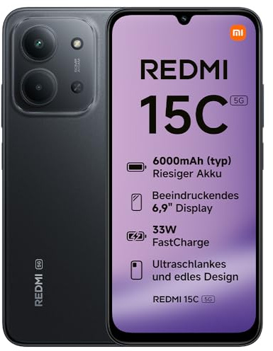 Xiaomi REDMI 15C 5G, Smartphone 4+128GB, 6,9 120Hz Display, MediaTek Dimensity 6300 Prozessor 6nm Octa-Core, 50MP KI-Dualkamera, 6000mAh, Mitternachtsschwarz