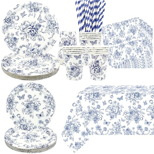 Blaue Blumen Partygeschirr Set ,Teller, Tassen, Servietten, Tischdecke, Strohhalme, für Kindergeburtstag Mädchen Party Dekorationen Hochzeit für 20 Gäste