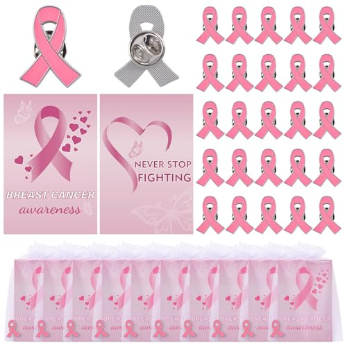 WANDIC Lot de 30 broches roses octobre, ruban rose de sensibilisation au cancer du sein avec carte d'encouragement, pochette individuelle en maille portable, pour décoration d'événement