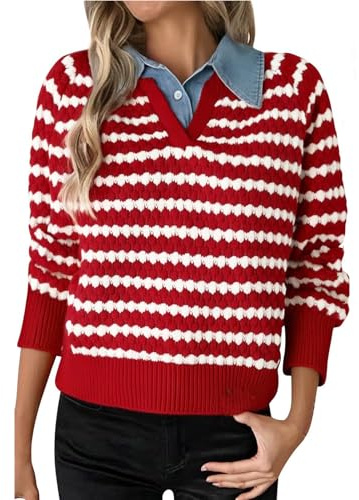 Striped Sweater for Women Trendy Casual Fall Denim Collared Pullover Ultra Soft Color Block Teen Girls Preppy Tops