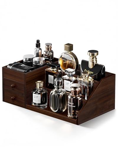 ProCase Organizador de Colonia de Madera con 3 Niveles y Cajones,Estante de Exhibición de Perfumes, Soporte de Escritorio para Fragancias y Cosméticos, Diseño Elevado y Barras Protectores – Marrón