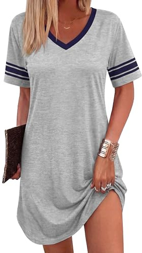 Bresdk Chemise de Nuit Femme Coton Col V Manches Courtes Évasée | Robe de Nuit Femme Été en coupe évasée pour nuits d’été, réveils confortables et détente douce à la maison