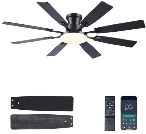 JSAITEE 60Inch Ceiling Fan with Lights and Remotes, Large Low Profile Flush Mount Ceiling Fans,DC Reversible Motor, 3CCT Dimmable,Noiseless,Dual Finish, Black 6 Speeds Ceiling Fan for Indoor/Outdoor