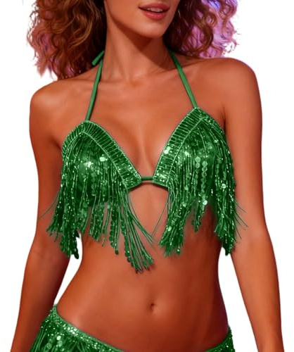 2026 Fancy Dress Costumes Sequin Fringe Bikini Top Belly Dance Costume Stage Wear for Party Shows, Green, One Size