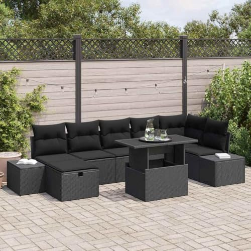 Ziaphsol trädgårdssockset 8 delar, svart poly-rotting loungegrupp med matbord och justerbara moduler för terrass, balkong och trädgård, väderbeständiga utomhusmöbler, hållbara, bekväma