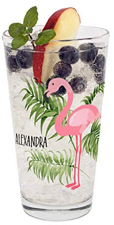 Herz & Heim® Trinkglas mit Namen - Geburtstags-Geschenkidee (Flamingo)