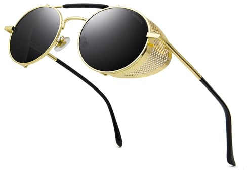 RONSOU Runde Steampunk-Sonnenbrille Unisex mit Seitenschutz | Retro-Metallrahmen, TAC-Gläser mit UV400; ideal für Partys, Autofahren, Reisen, Festivals und Alltag.