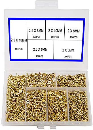 newlng 1200pcs Small Screws 2& 2.5 * 6/8/10mm Phillips Flat Head Cross Self Tapping Tiny Screw Cabinet Electronic Accessories Screw Multifunctional DIY Micro Woodworking Mini Screw Set Gold