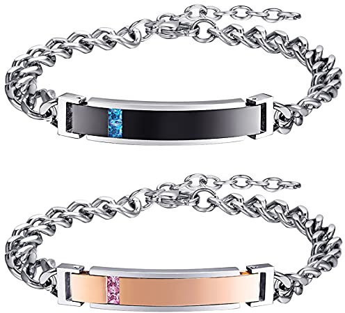JewelryWe Personalisiert Paar Armband Edelstahl: Herren Damen Partnerarmband Freundschaftsarmband mit Gravur Valentinstag Pärchen Geschenk Zirkonia Glänzend Poliert Panzerkette Schwarz Rosegold Silber