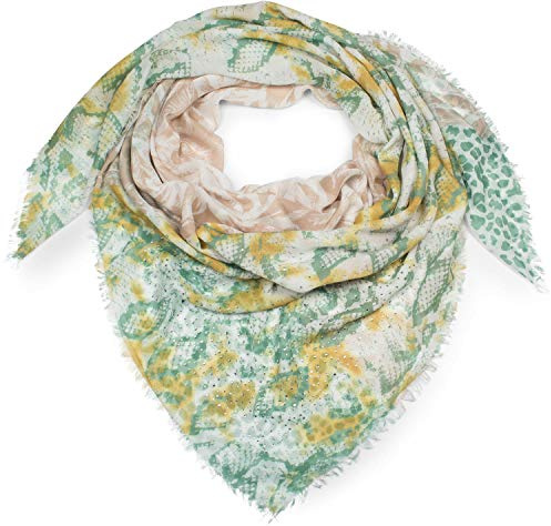 styleBREAKER Damen XXL Dreieckstuch mit Leoparden, Schlange und Palmen Muster Print mit Strass und Fransen, Schal, Tuch 01016188, Farbe:Hellbraun-Oliv-Gelb