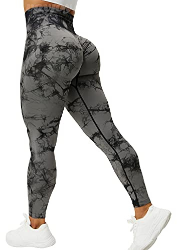 VOYJOY Slipsfärgade sömlösa leggings för kvinnor, yogabyxor med hög midja, scrunch butt lyftande elastiska tights, Svart grå, S