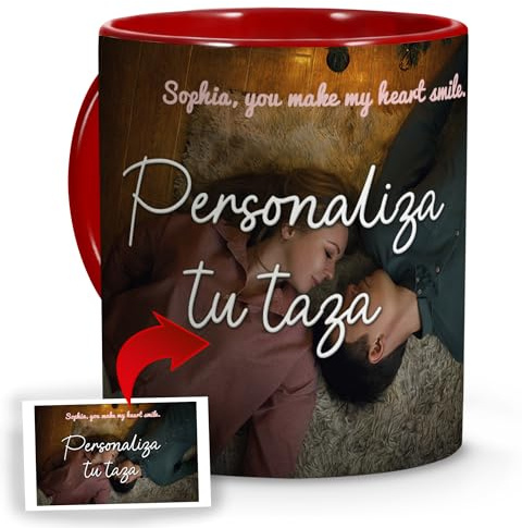Taza Desayuno Personalizada. Regalos Personalizados con Foto. Regalos San Valentín Hombre para Parejas. Regalos Enamorados para Mujer. Taza Personalizada Cerámica. Tazas con Color Interior y Asa Rojo