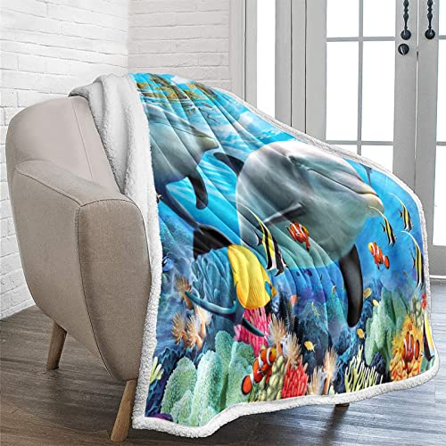 Lunoroey Delfin-Überwurfdecke für Kinder, Jungen, Mädchen, Decken, Meer, Ozean, Tiere, Fisch, Delfin, bedruckt, flauschig, weich, gemütlich, Plüsch-Sherpa-Decke für Couch, Bett, Sofa, 150 x 200 cm