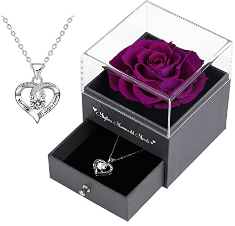 Muttertagsgeschenk Vera Rose für Mama, Ewige Rose mit Geschenkkette, Muttertagsgeschenke Geburtstag Christrose für Mama Ehefrau Frau (Lila)