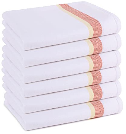 Pagnanno Tea Towels, Soft and Absorbent – Multi Pack of Large Classic Herringbone Weave, Lint Free, Cotton Kitchen Dish Towels 45x70 cm in White with blue, green and orange stripes (Orange Stripe, 6)