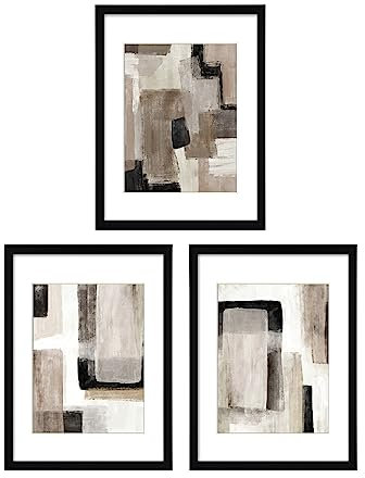 ArtbyHannah 11x14 Inch Black Framed Abstract Wall Art Set of 3 with Brown Black Tan Blocks for Wall Decor, Extra Art Prints of Botanical Included