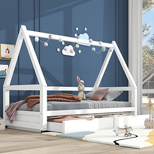 Kayan Hausbett Spielbett mit Stoffzeltaufsatz | 2 Schubladen | Mobiler Zeltständer| Rausfallschutz | Stabiler Lattenrost | Kinderbett in Kiefer, 90 x 200 cm, ohne Matratze, weiß