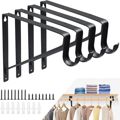 ASelected Pack de 4 Escuadras para Estanterías 275 mm Negras, Soporte Estantería Pared con Gancho, Soportes para Estantes de Acero, Escuadras Metálicas con Tornillos Negros