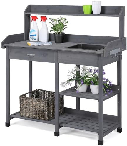 Yaheetech Mesa de Cultivo Jardinería para Plantación con Terraza Balcón Gancho Fregadero Cajón 114.8x45x121 cm Gris