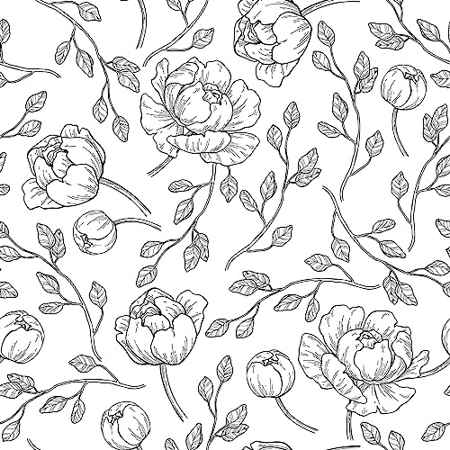 CRE8TIVE Papier peint fleuri pivoine Blanc et Noir, adhésif mural autocollant pour salon chambre vintage - 61cm x 300cm
