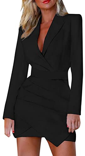 Damkavajklänning långärmad v-ringad skjortklänning elegant affärsklänning lång med bälte kostym skarvning bodycon miniklänningar mode enfärgad blazer dam lång blazer, kappa dam, partykläder, svart, M