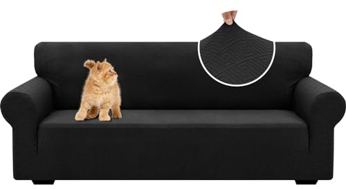 YSTELLAA Stretch Sofa Überzug 3 Sitzer, Sofaschoner rutschfest Mit Armlehne, Universal Jacquard Sofabezug, Dicke Sofabezug Für Hunde Katzen Und Haustiere, Waschbare Sofa Cover, Schwarz