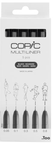 COPIC Multiliner Set, Black, 5 Fineliner in verschiedenen Strichstärken, Zeichen Stifte mit einer feinen Spitze und wasserbeständiger Pigmenttinte