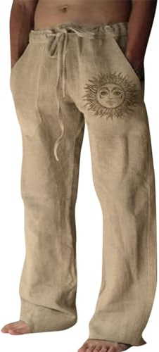 Puimentiua Cotton Linen Pants Men Summer Beach Pants Loose Fit,Coffee,M