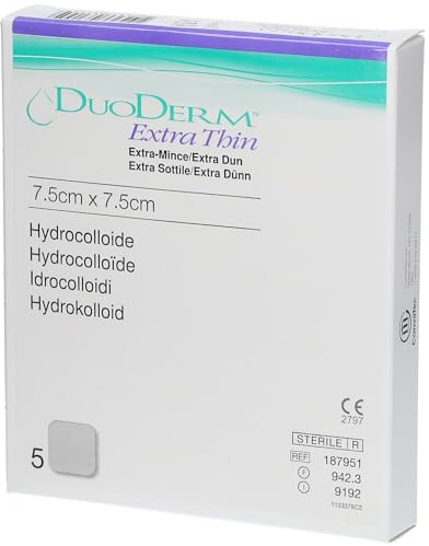 Hydrokolloid-Verband, extra dünn, steril, für Wunden mit Exsudat, 7,5 x 7,5 cm, 5 Stück