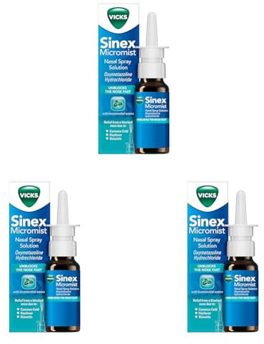 Vicks Nasal Spray, Sinex Micromist Decongestant Nose Spray for Blocked Nose with Oxymetazoline, Unblocks The Nose Fast, Blocked Nose Relief, Cold Virus Blocker, Menthol Aroma, 15 ml (Pack of 3)